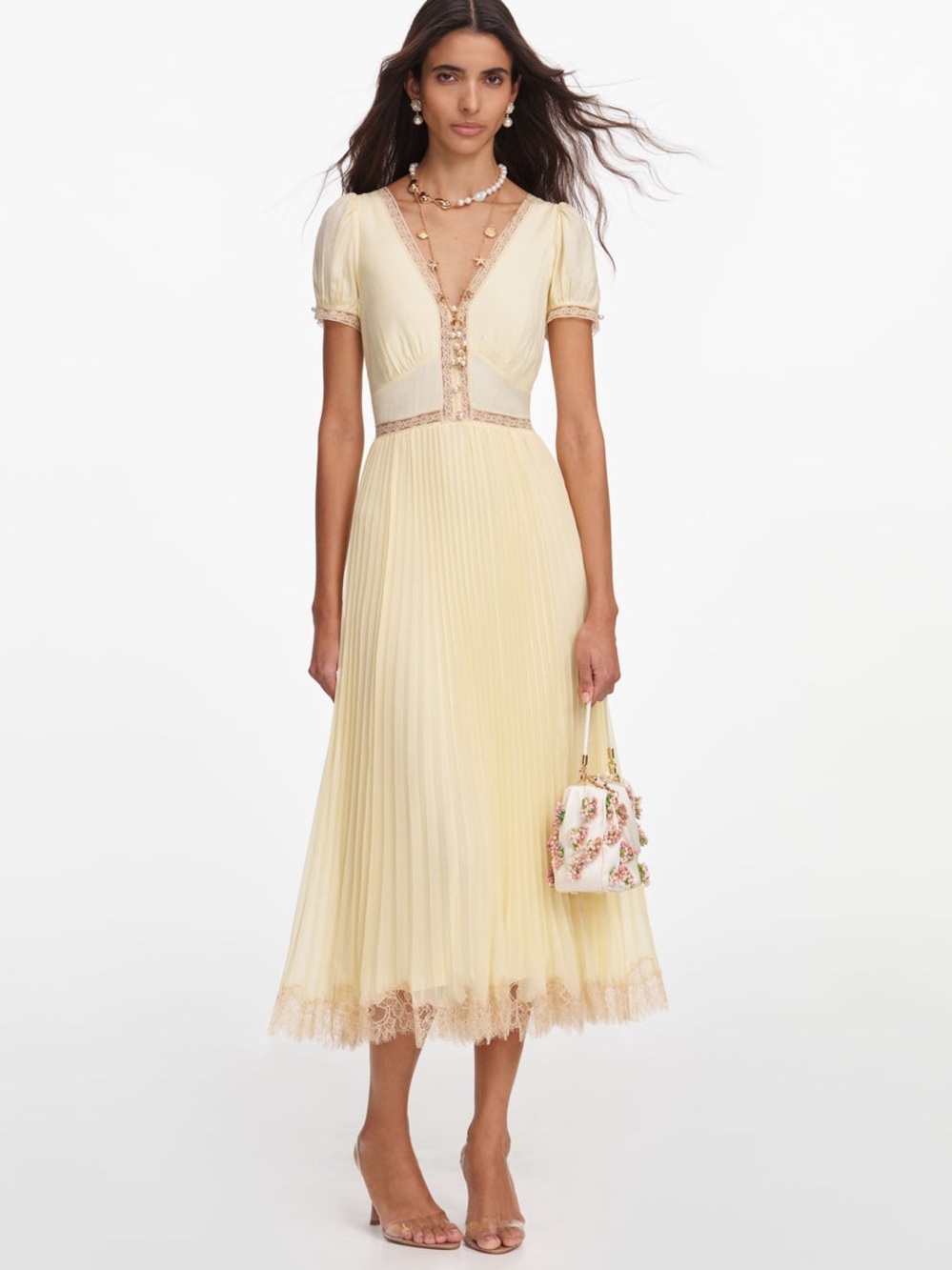 NWOT Self-Portrait YELLOW VISCOSE PLEATED LACE MIDI DRESS